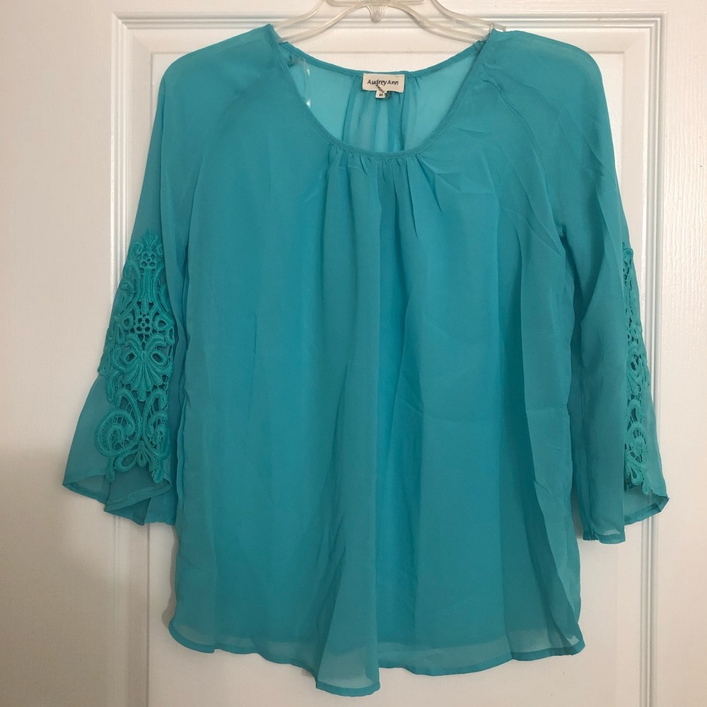 Teal Audrey Ann Sheer Chiffon Top NWT - Picture 1 of 6